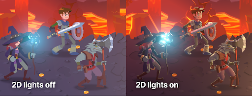 Screenshot of game - 3D lights on vs 3D lights off. 