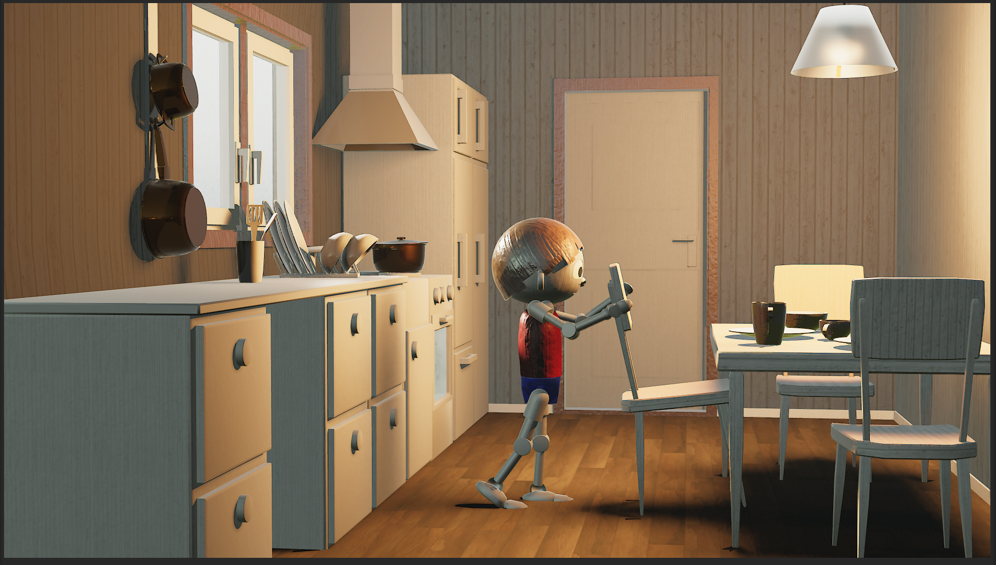 A still from Project Leolina. A robot-like boy is pulling out a chair at a table in a kitchen.