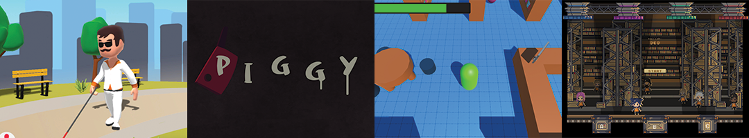 An image of screenshots of four of the games. Far left is a man with a walking stick, next 'Piggy' in dribbling font, next the Unity bean and obstacles around it ,last four characters in an industrial type area with health bars at the top.
