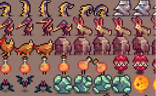 Pixel art of things like bunnies, chickens, bats, tentacles and crystal balls.