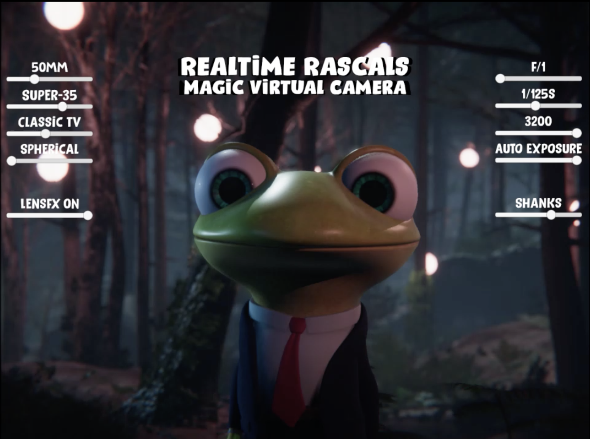 Frog staring at you/into camera with adjusters on either side of it and 'Realtime Rascals Magic Virtual Camera' above it. 