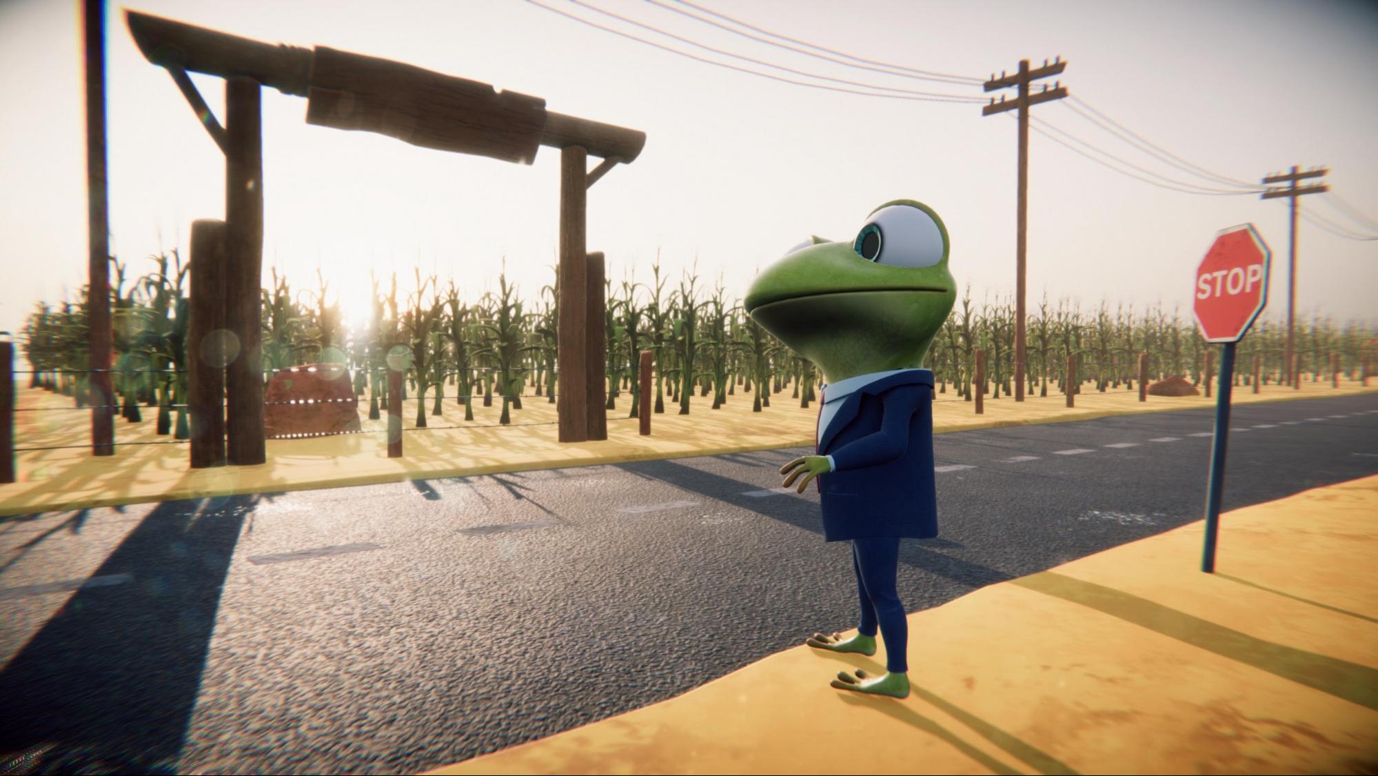 Shanks the frog is facing away from you/the camera, in a desert type in environment. There is a road in front of in then fields. He is standing next to a stop sign.