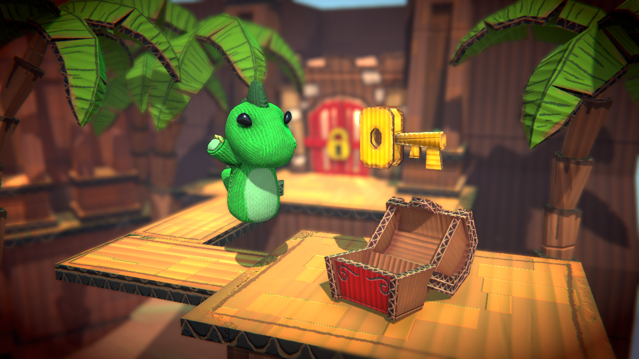 Cardboard dinosaur floating in the air in front of a cardboard pirate chest and key