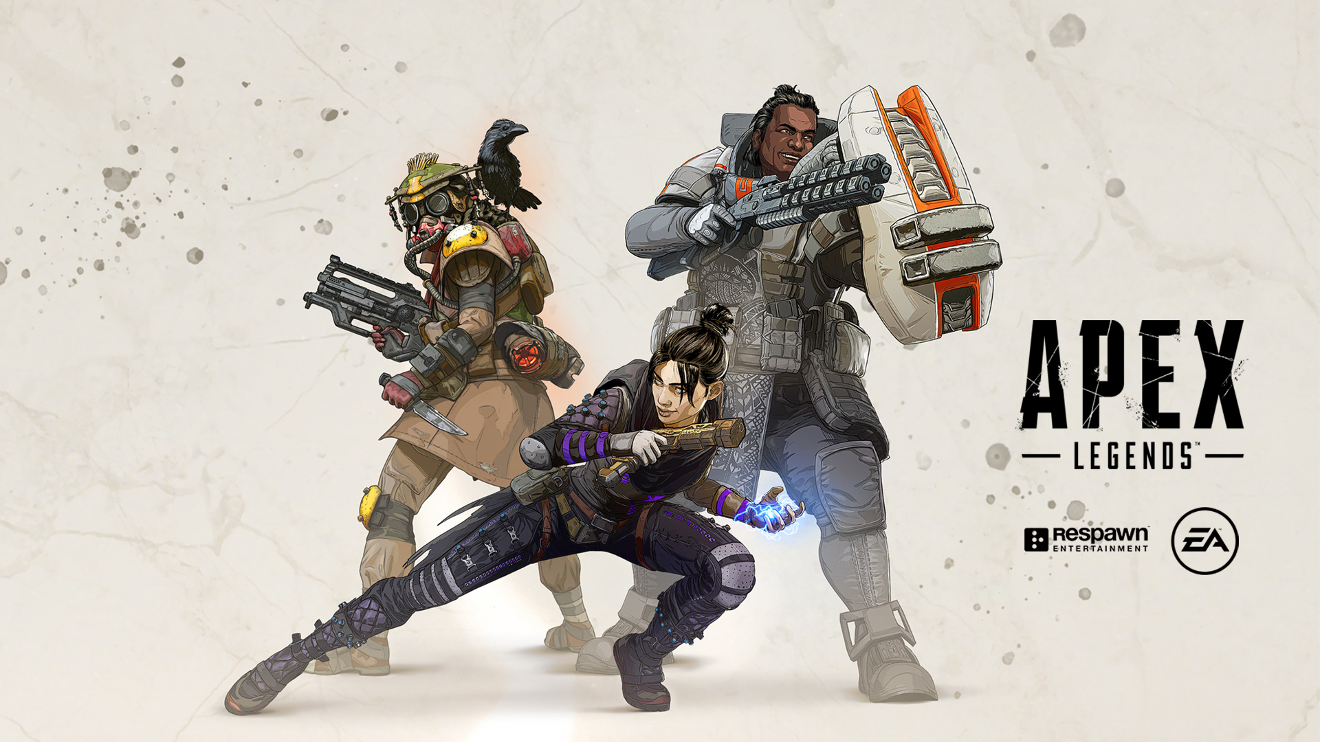 Three Apex legends heroes posing on a beige background with the text Apex Legends.