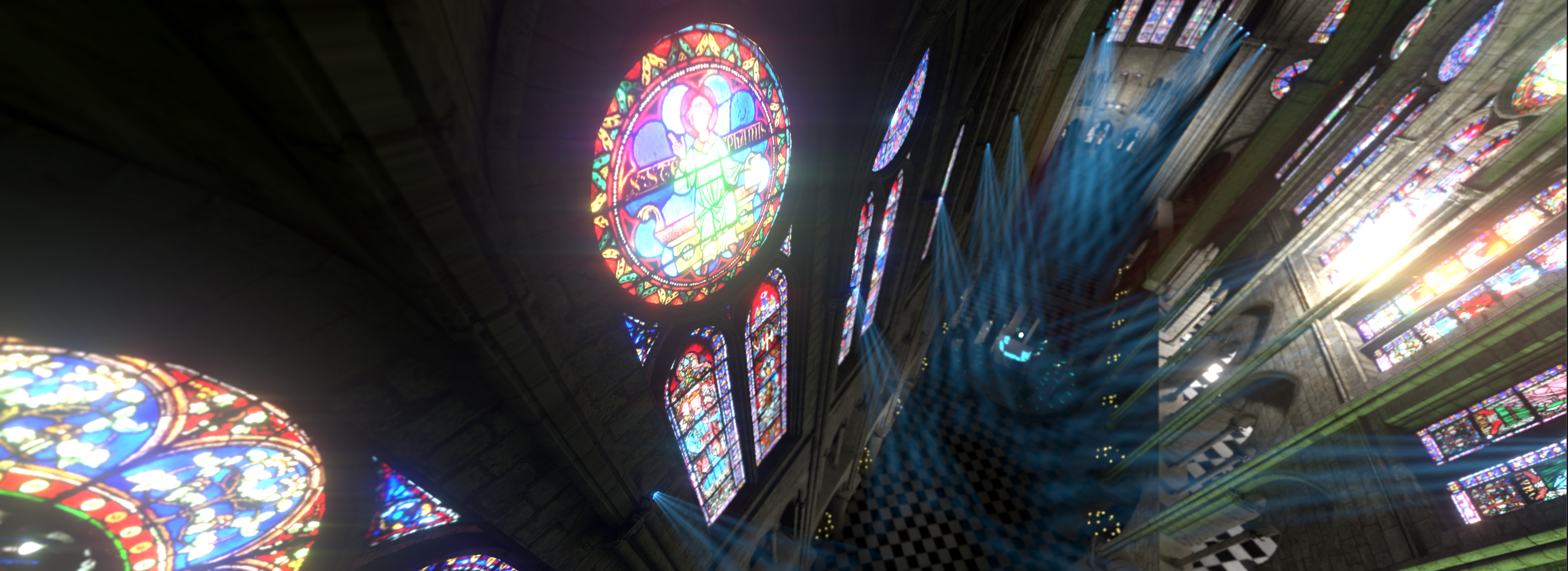Image of showing the stage set for the virtual "Welcome to the Other Side" concert on New Years Eve inside Notre Dame Cathedral