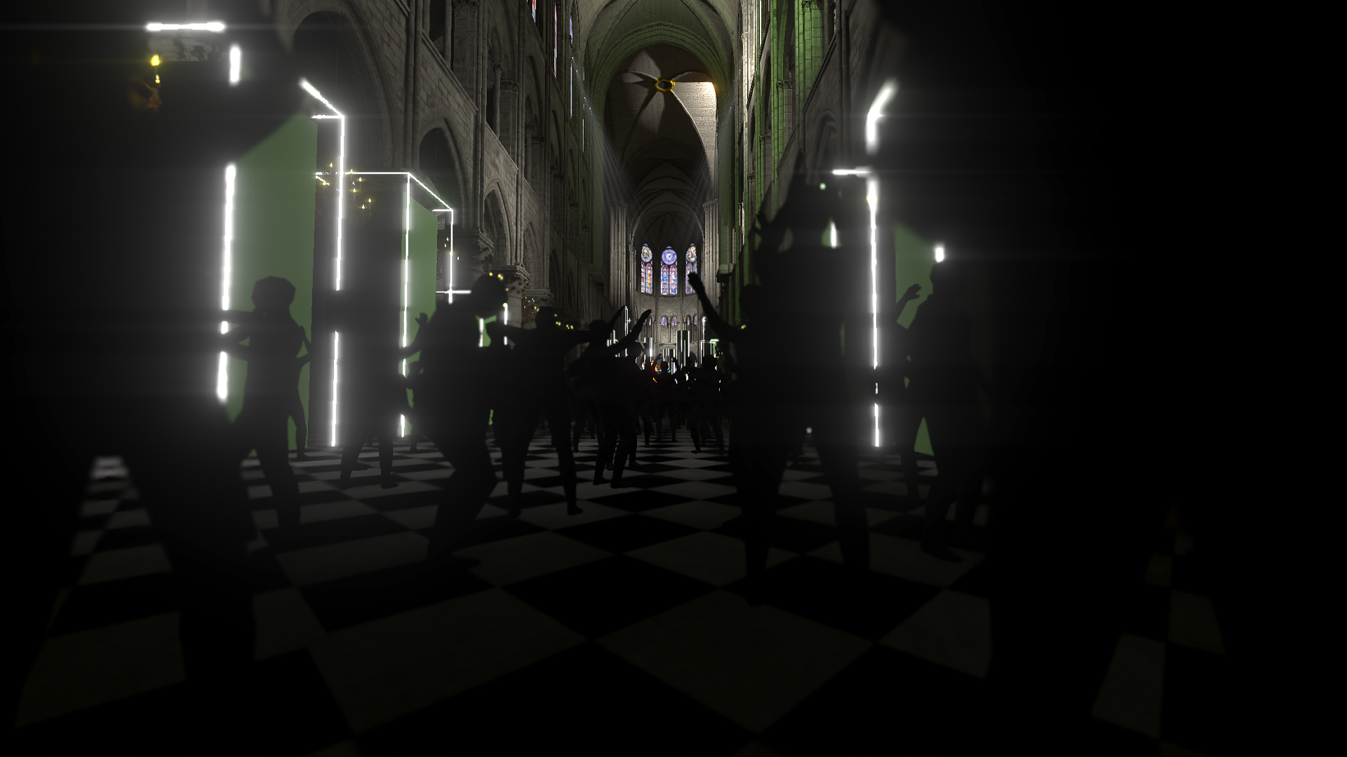 Image of virtual dancers inside the "Welcome to the Other Side" concern inside Notre Dame