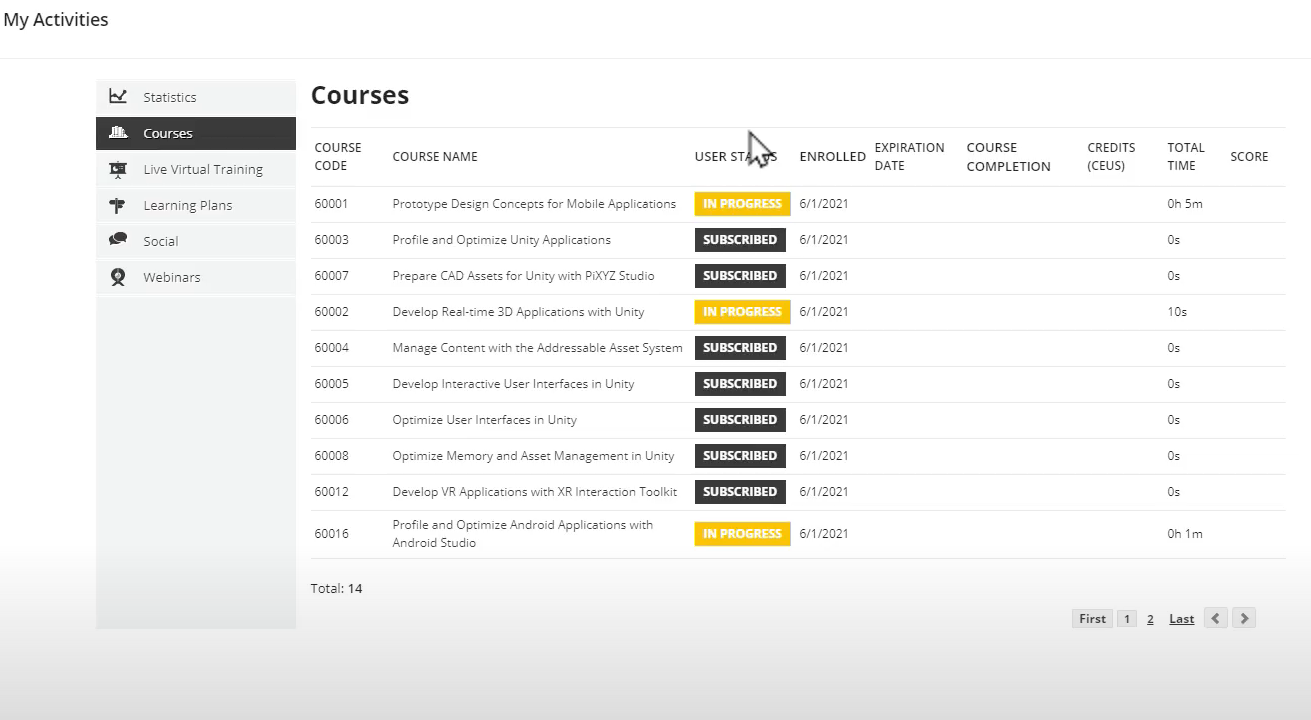 screenshot of courses page from training homepage