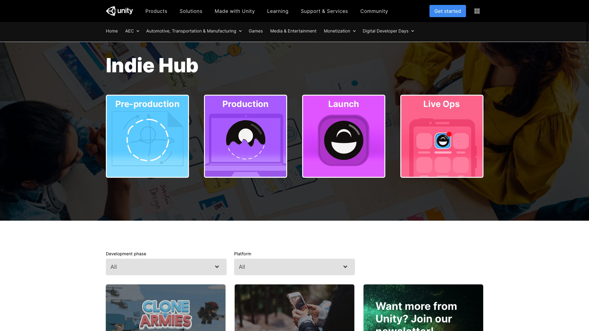 screenshot of indie hub homepage