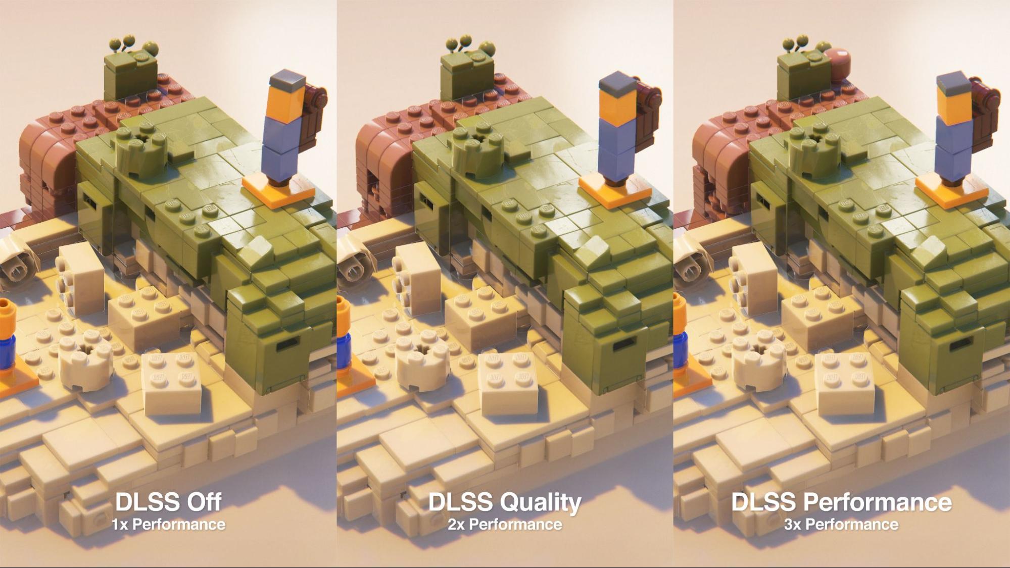 Three screenshots of a Lego game in three different HDRP modes