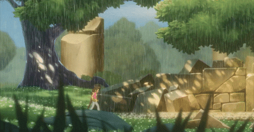 a person running in the ran with rocks and trees behind them. The scene is a gif and was made with Unity