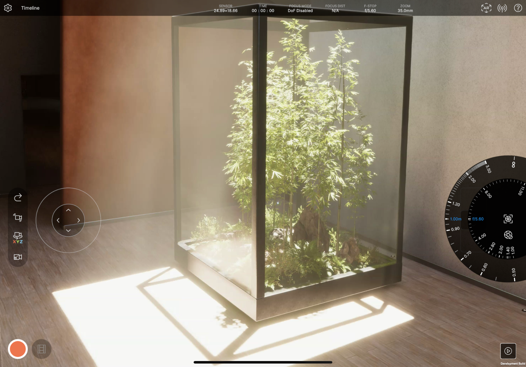 made in Unity. A room with a tall plant surrounded by a glass blox.