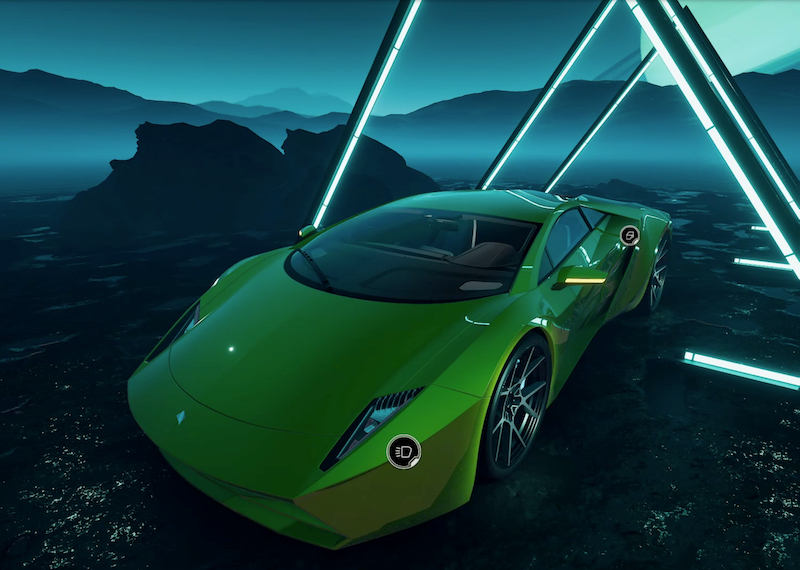 Green sports car with triangular lighting behind it made in Unity Forma