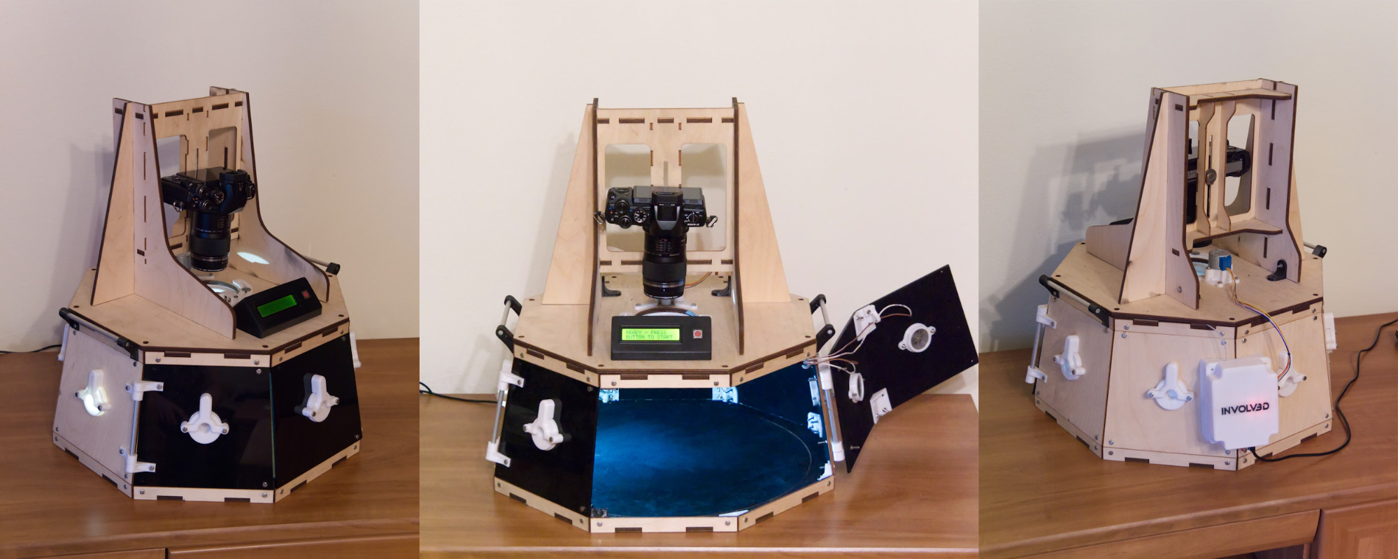 prototype rig using laser-cut plywood and 3D-printed elements