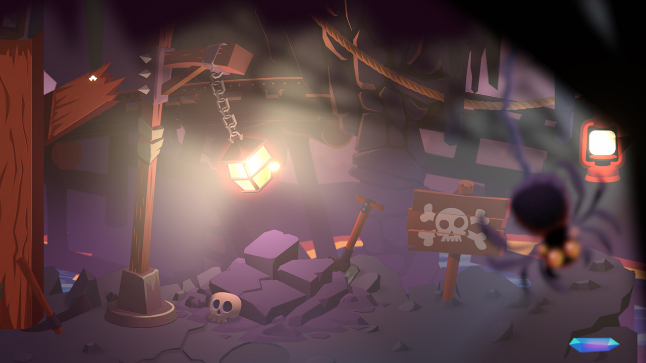 Creepy image of cartoon cavern illuminated by a lantern featuring skeletons and a spider.