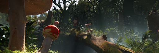 A red-and-white toadstool sits on the foreground of a forest scene. Behind it you can see sunlight on more greenery, trees, and a fallen tre trunk.