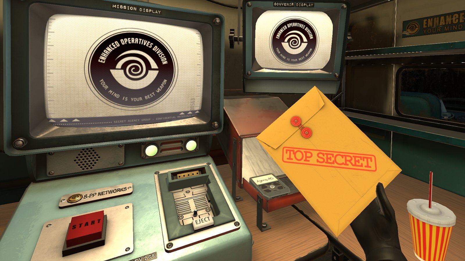screenshot of game with manila envelope next to old fashioned tech