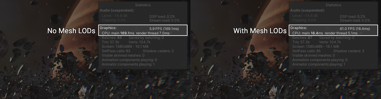 Image showcasing the difference in frames per second between no mesh LODs and with mesh LODs