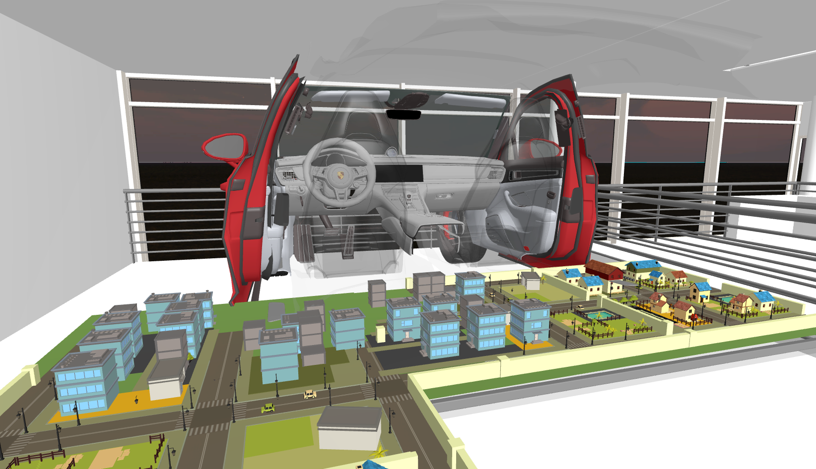 image of a vw car suspended over a 3d model of a city