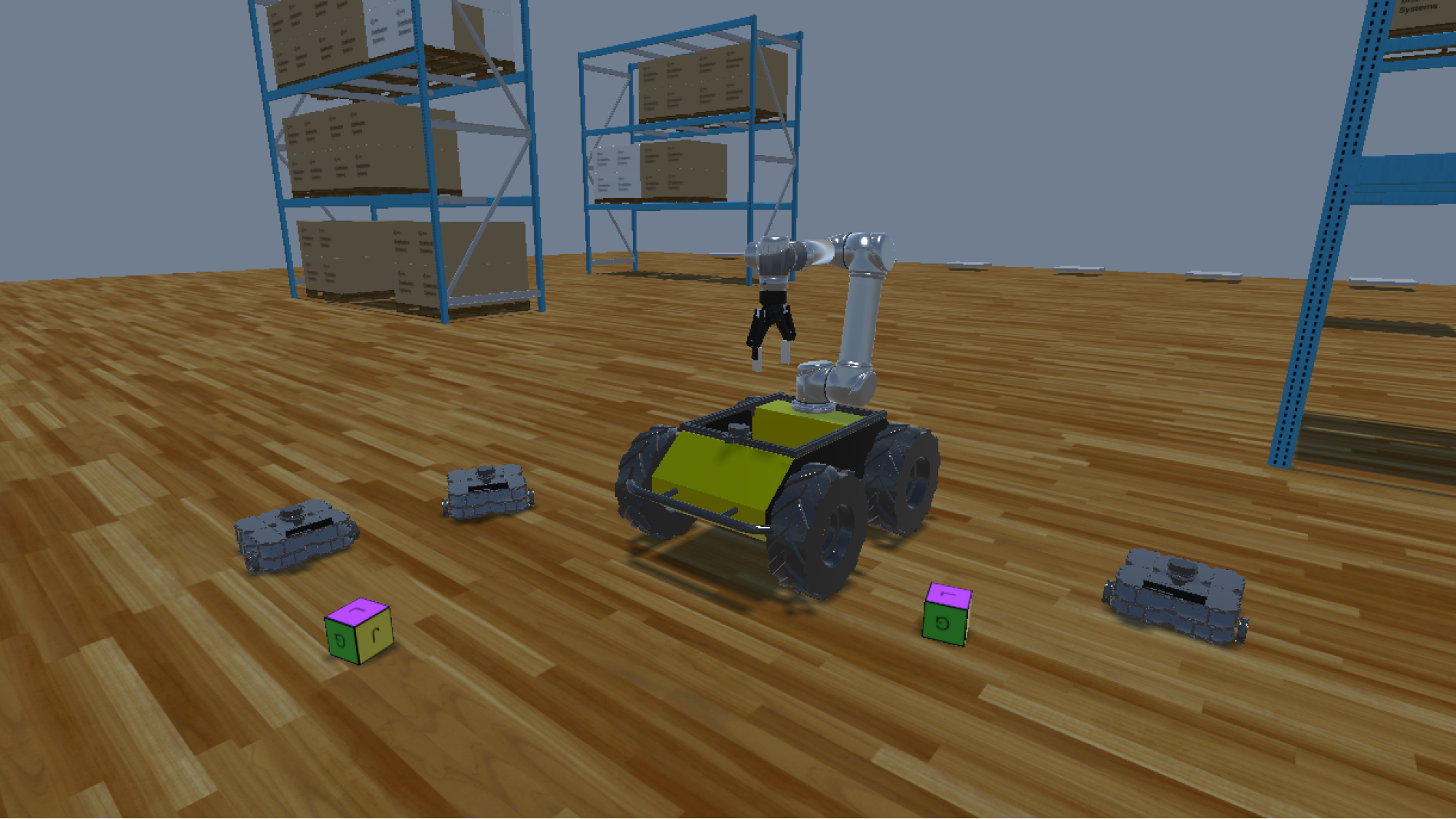 3D simulation of a green robot moving around a wood floor 