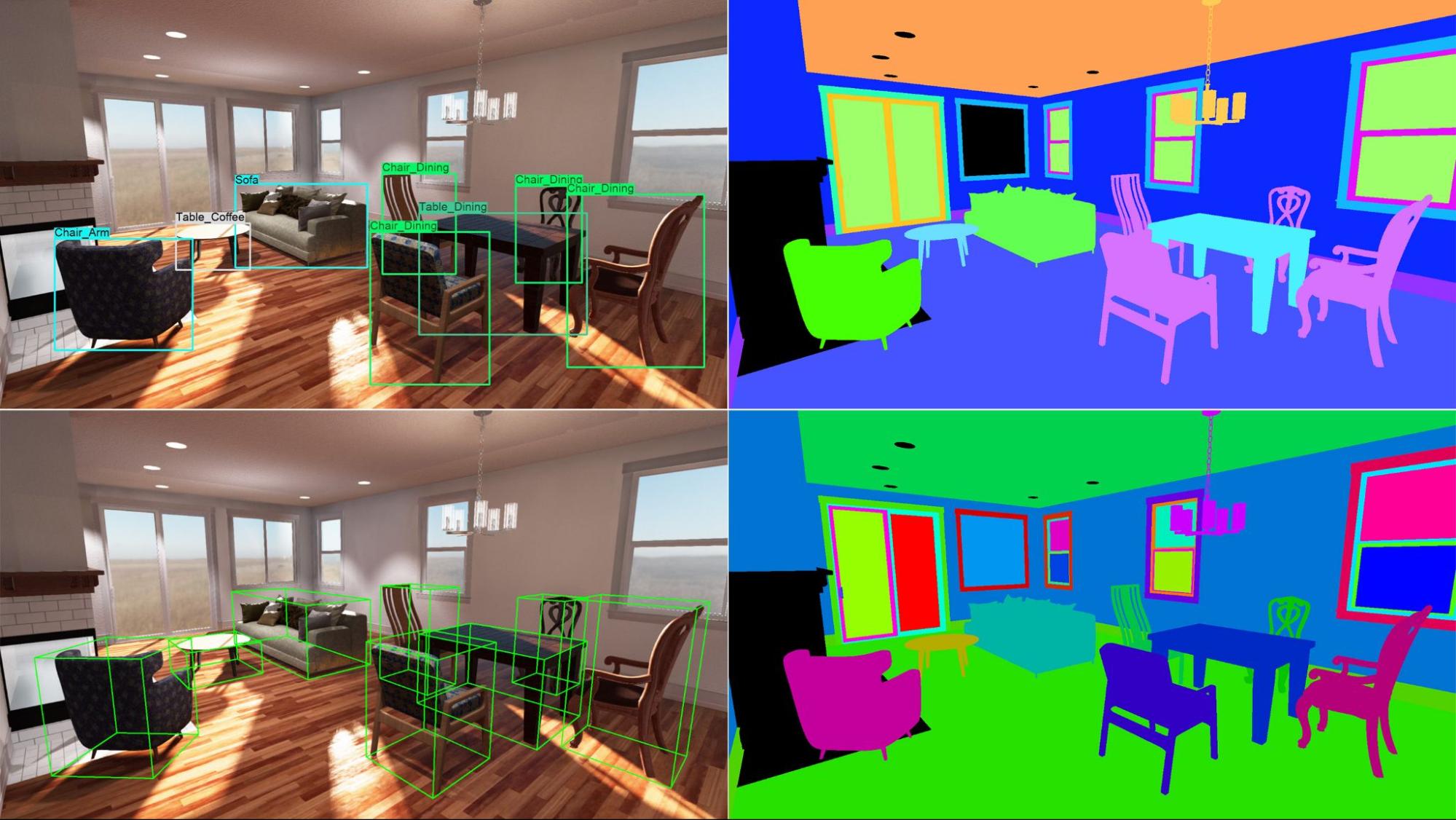The four types of ground truth included in the Home Interiors dataset. Top left: 2D bounding boxes, Bottom left: 3D bounding boxes, Top right: semantic segmentation, Bottom right: instance segmentation