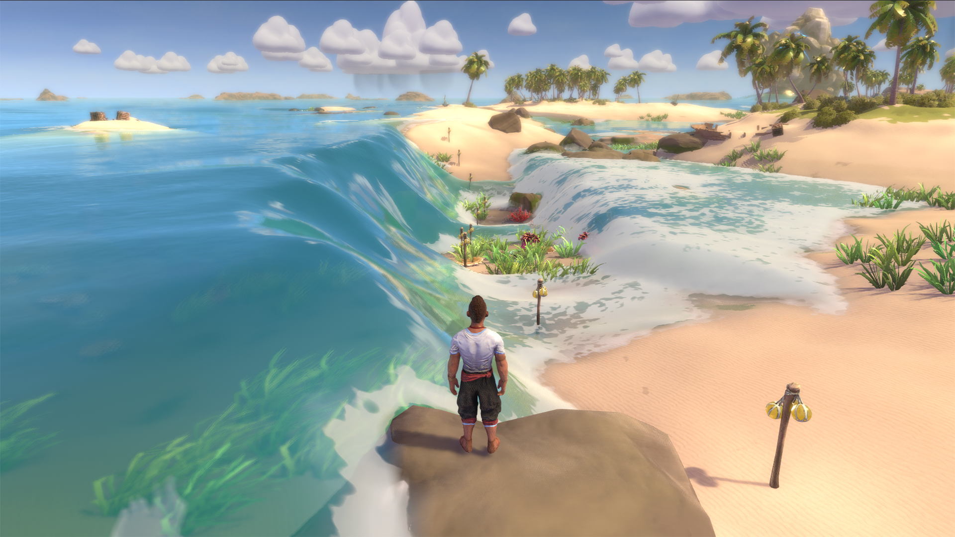 Animation of man staring at the ocean parted to reveal a beach path
