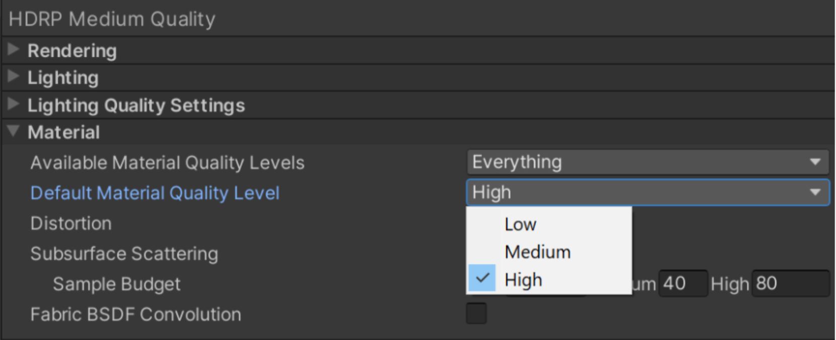 The Available Material Quality Levels and Default Material Quality Level