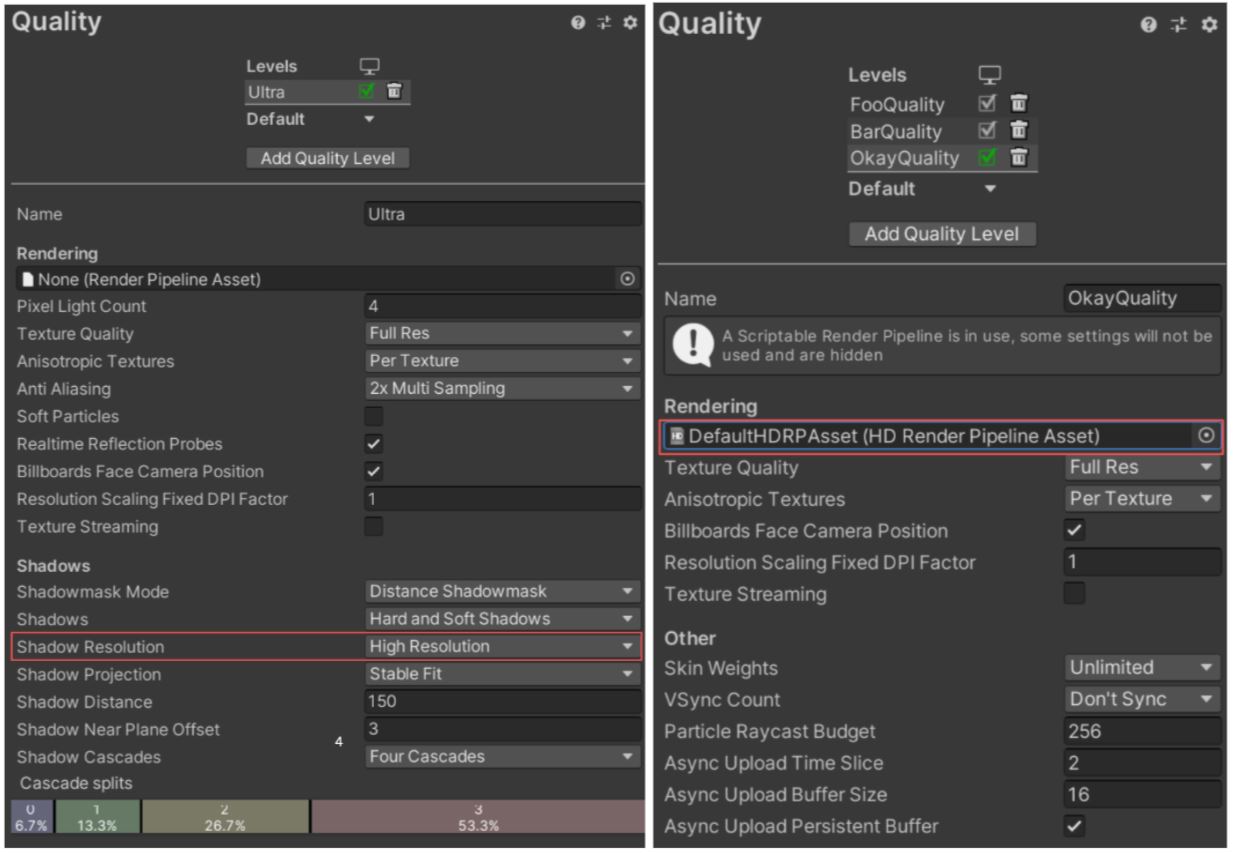 Screenshot of properties in the quality settings within a built-in render pipeline project vs a HDRP project