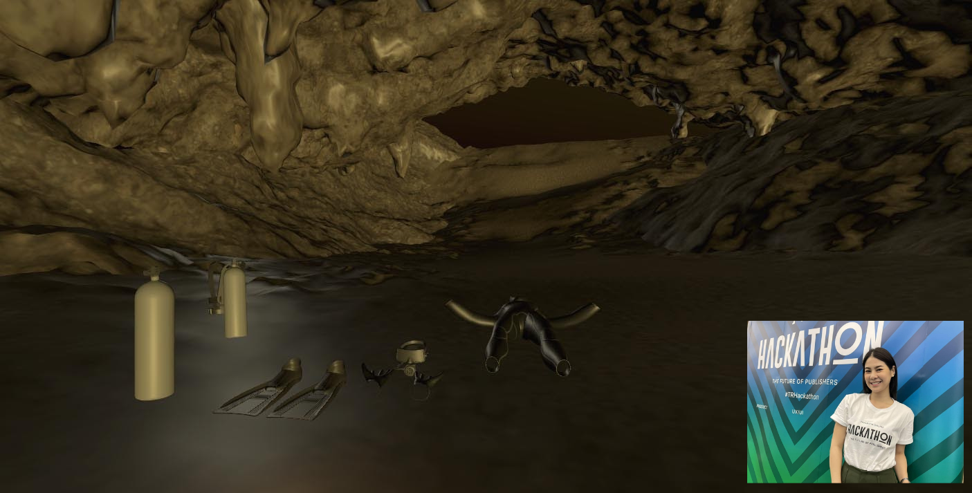 Cave background with scuba diving gear laid out on the ground, with an inset picture of a person in the bottom right.
