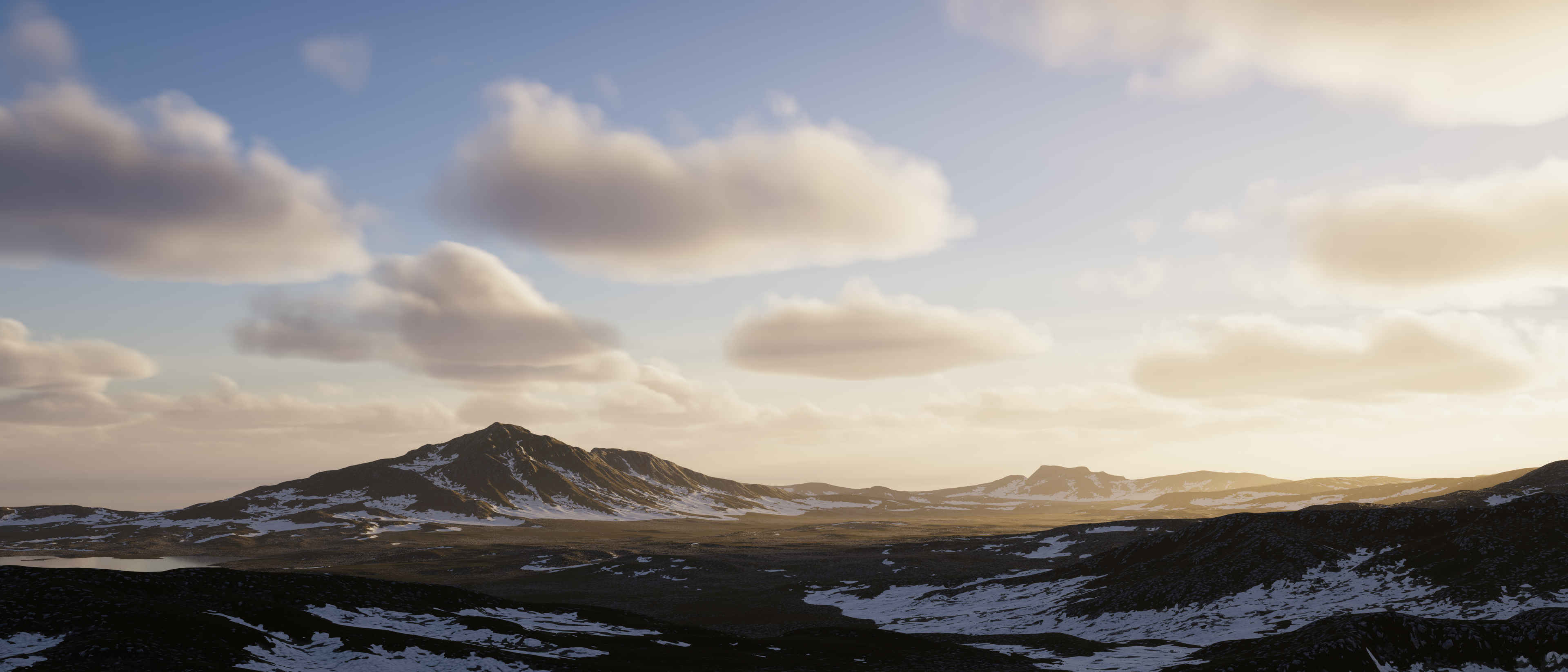 Image of scattering clouds over a flat snowy terrain with hills