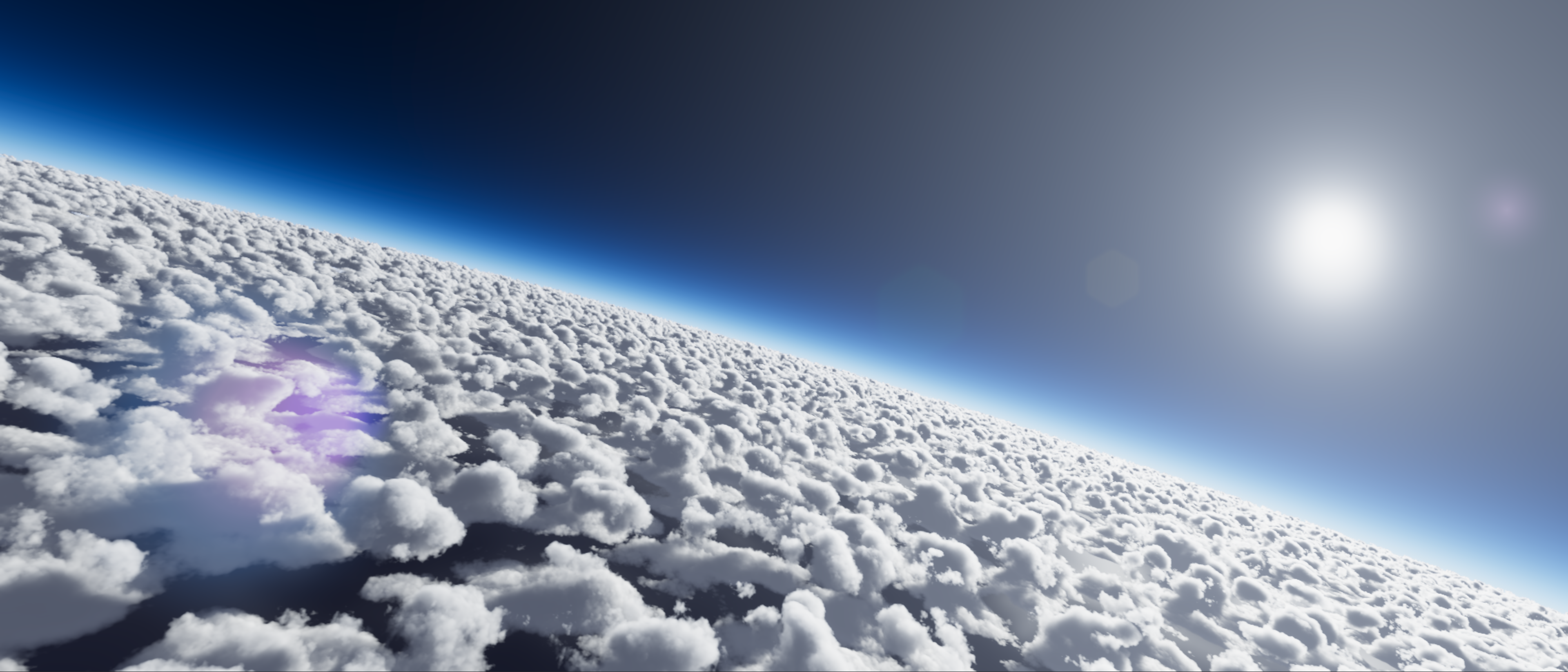 view of fluffy clouds hover over the earth's atmosphere from space with sun in the background