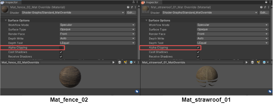 Image of Mat_fence_02 vs. Mat-strawroof-01 project settings in shader graph