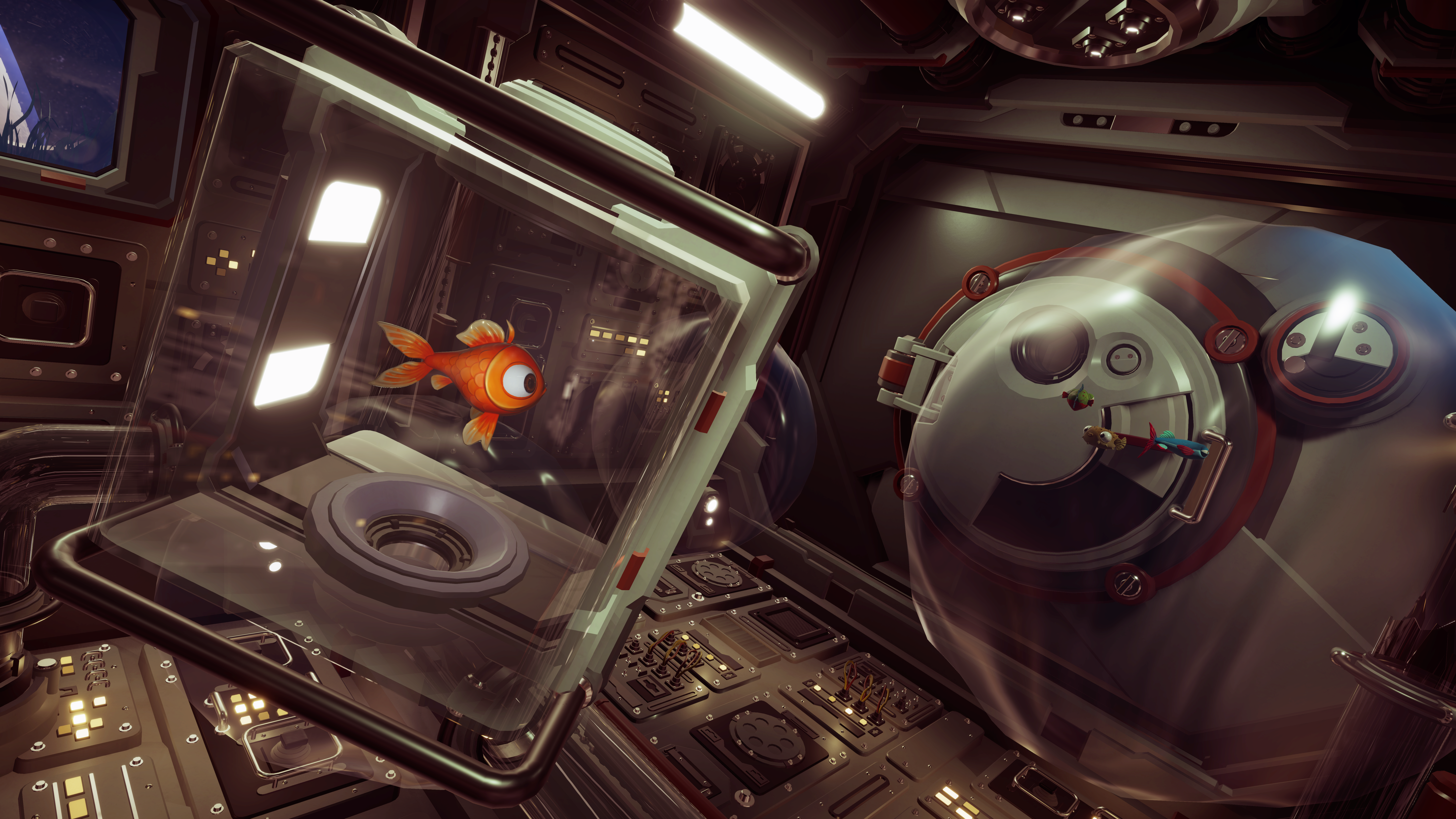 Image of a goldfish in a clear container looking at a bubble while floating inside a spaceship