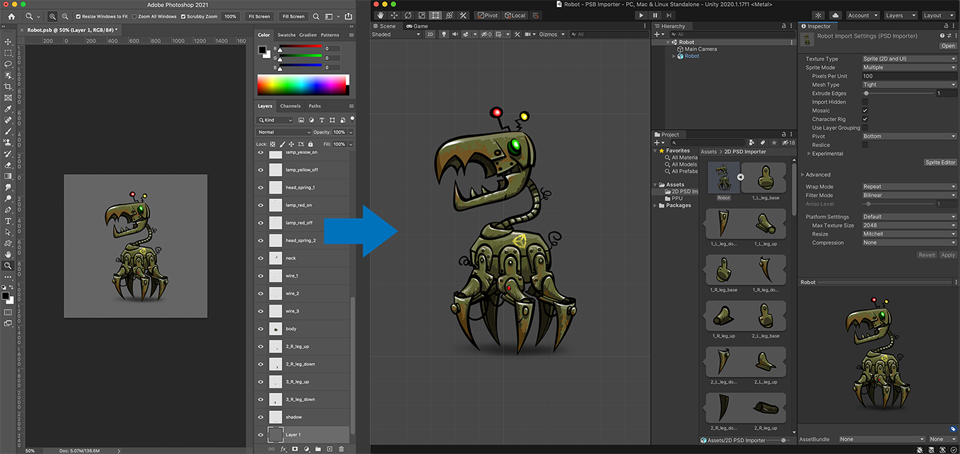 2D dinosaur robot in Unity editor