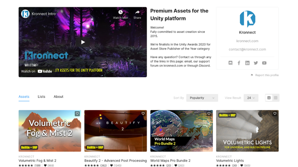 Kronnect’s Asset Store publisher page and a few of their assets