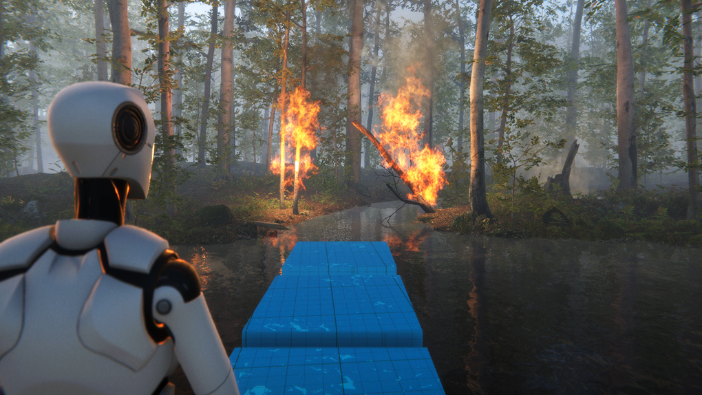 Image of a white robot watching tree branch fires in a forest