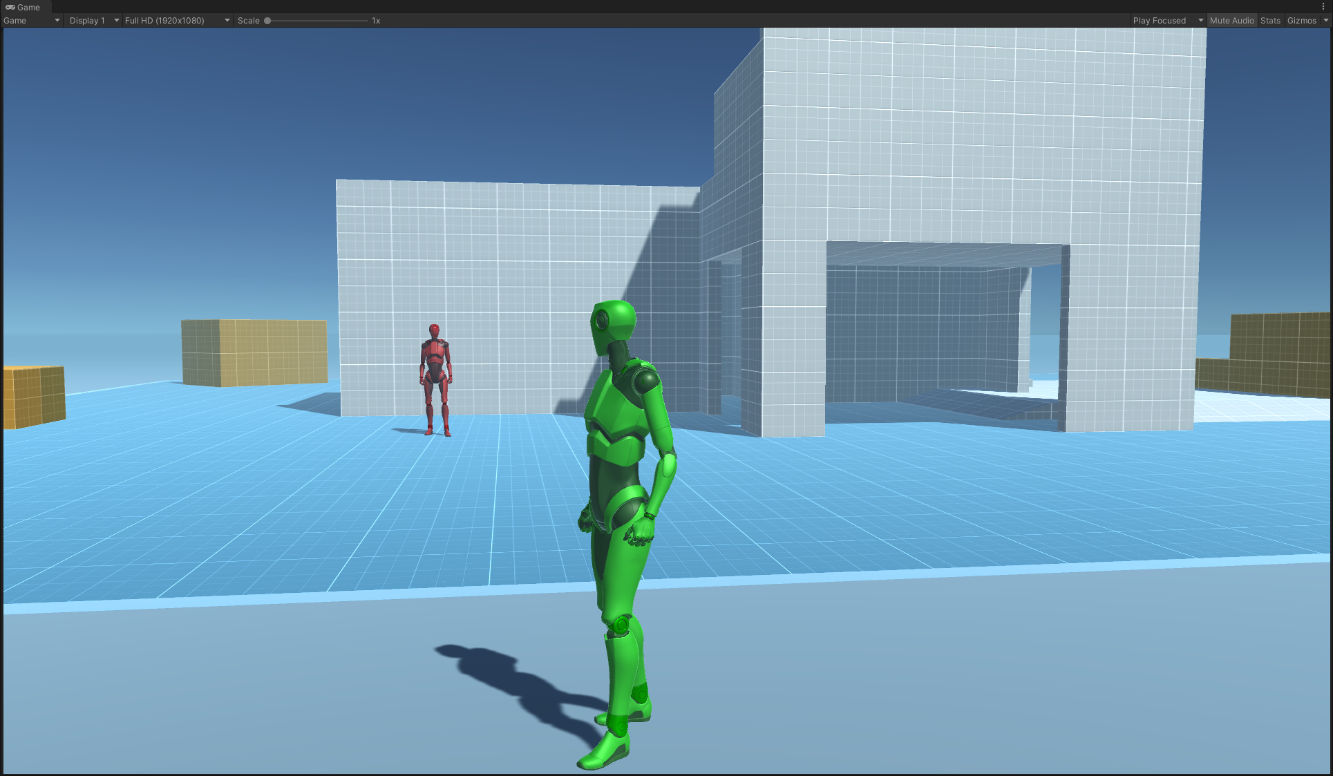 Image of a green robot standing in the middle of a lowpoly ground outside of cubed buildings
