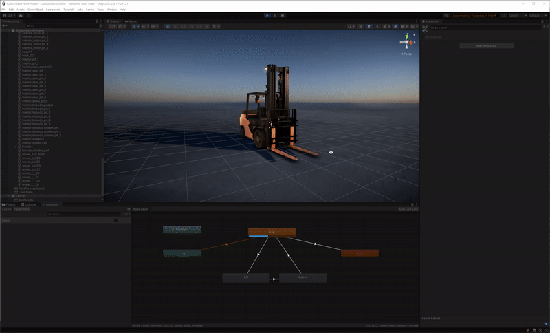 3D model of skid loader being moved around in front of a sunset