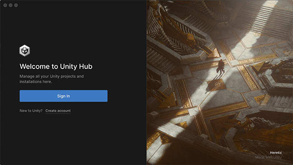 Unity Hub login screen