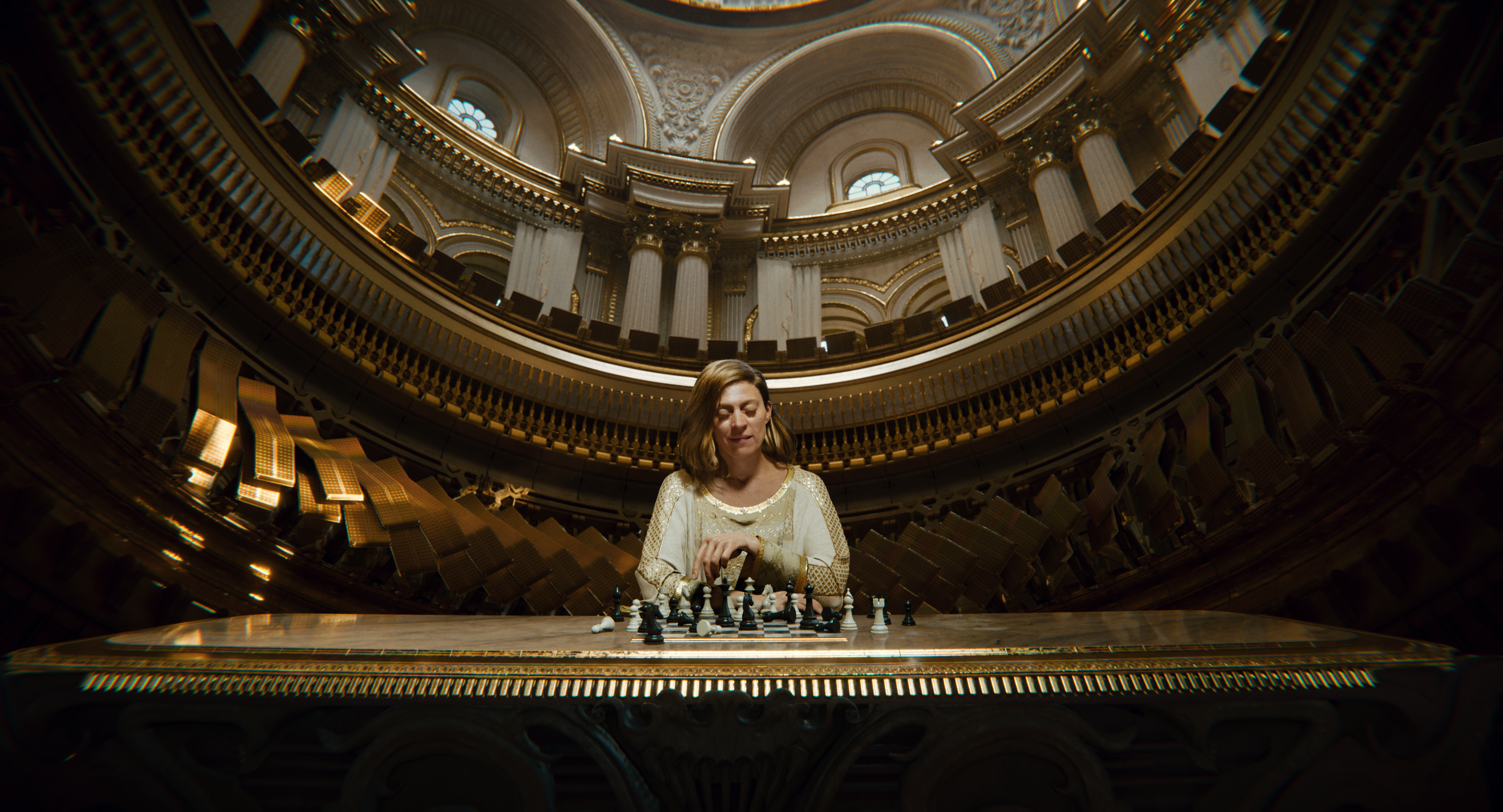 A woman playing chess in a palace, from Unity's "Enemies"