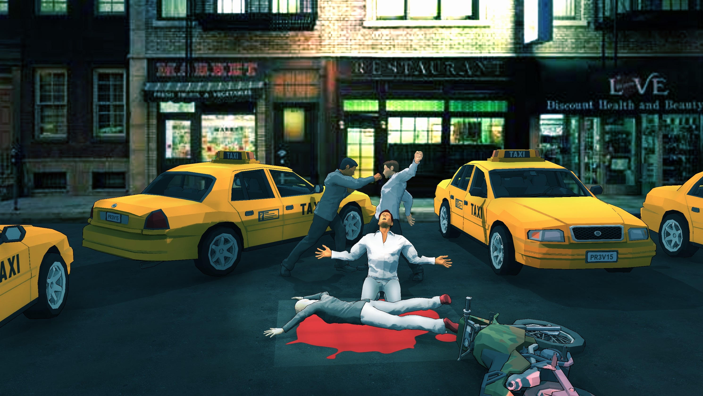 A video game with a man crying in front of a bike accident
