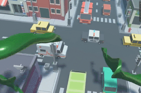Pixelated tentacles flail around, destroying cars in a city