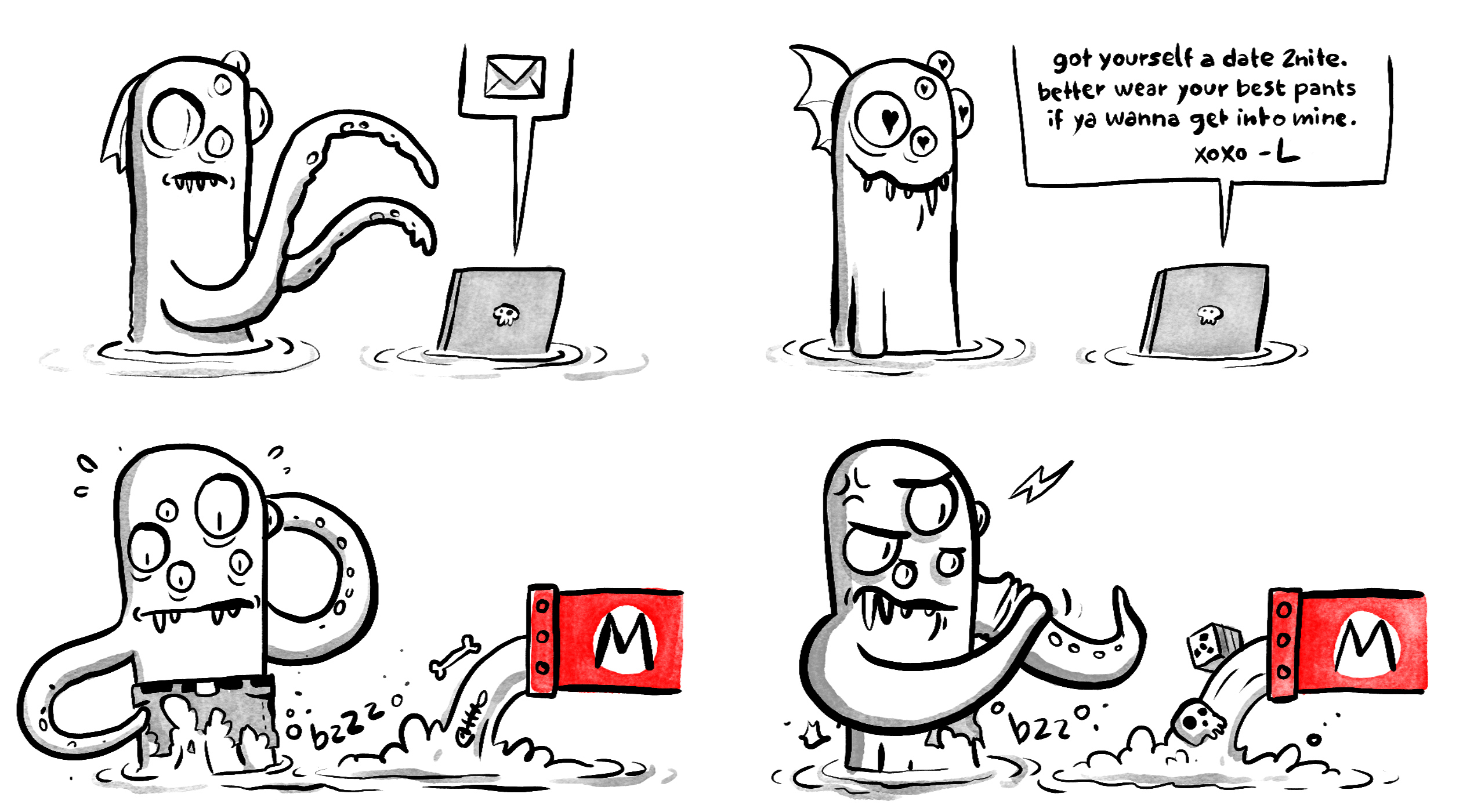 A tentacular creature takes a bath in toxic waste and reads an email on a computer about a date