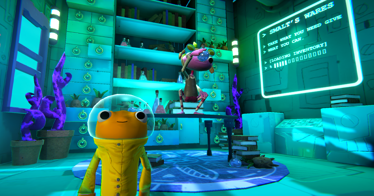 In this game screenshot Saffron Sureswim, the player character for Out of Circulation is standing in a teal-colored shop environment with books scattered around and many open drawers. The shop owner NPC is sitting on a table behind Saffron, inspecting a full glass vial