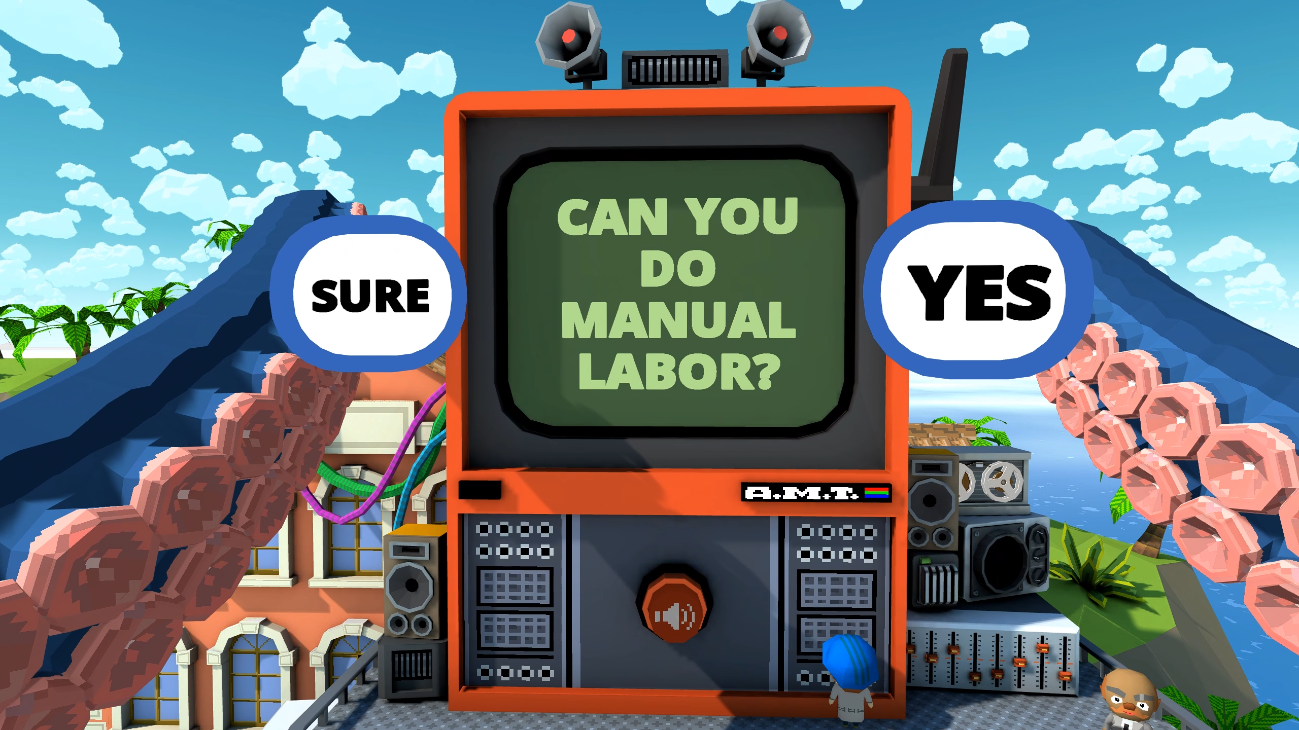 POV of an octopus looking at a TV asking if they can do manual labor, with the only two options being "Sure" and "Yes"