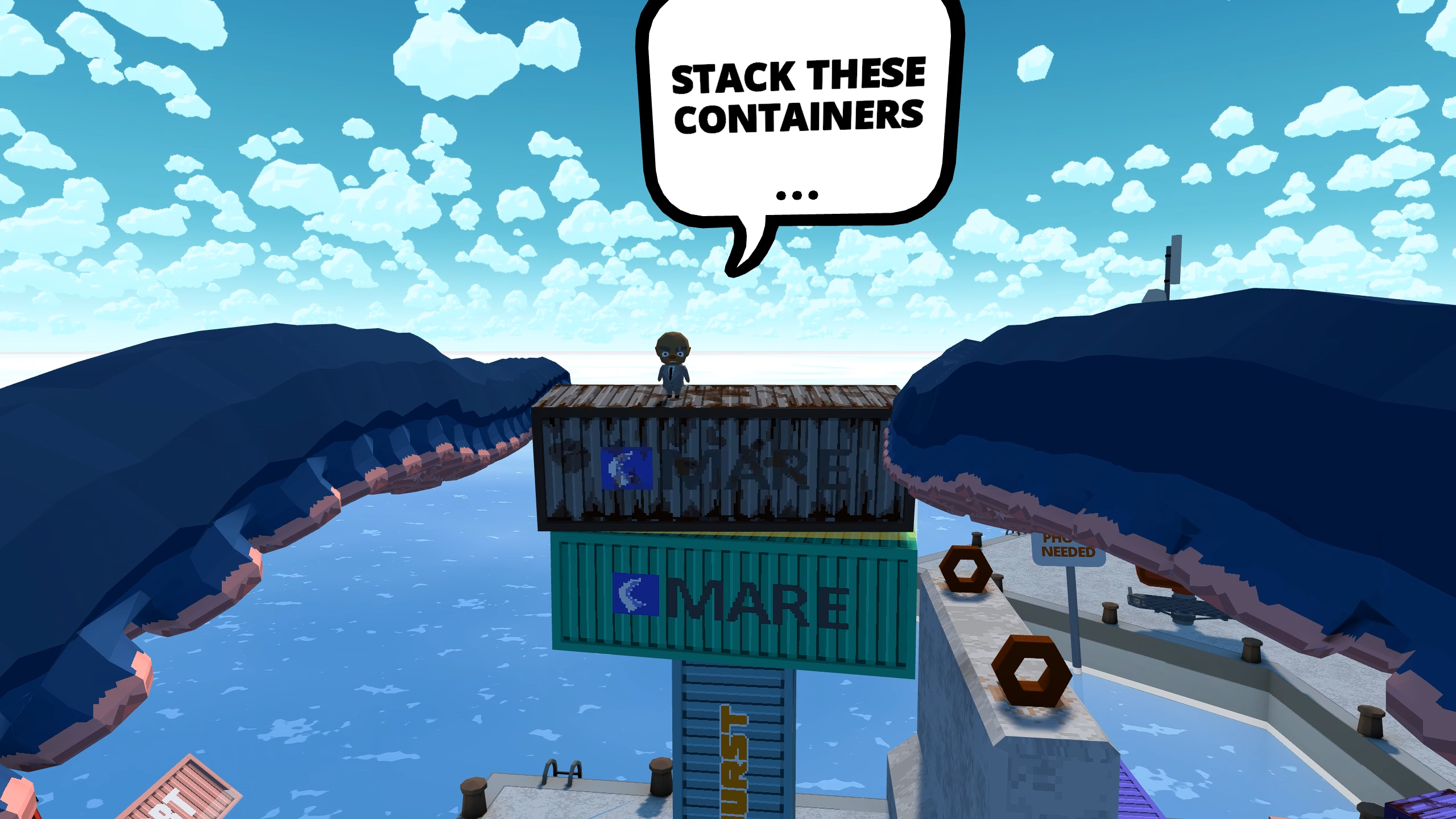 A little man is standing on containers, ordering an octopus to stack them