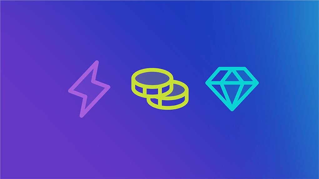 Common currency icons: lightning, coins, gems