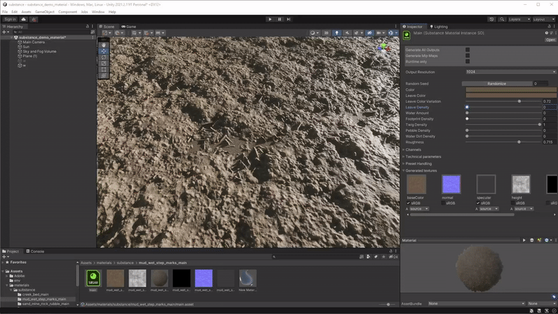 GIF del complemento de sustancia en proceso con la actualización de materiales de rocas en el Editor de Unity