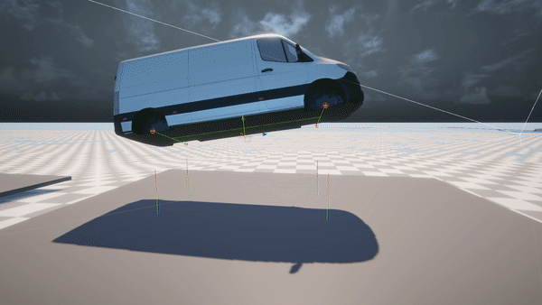 A white van without wheels falling down on a road in front of a forest, in Unity