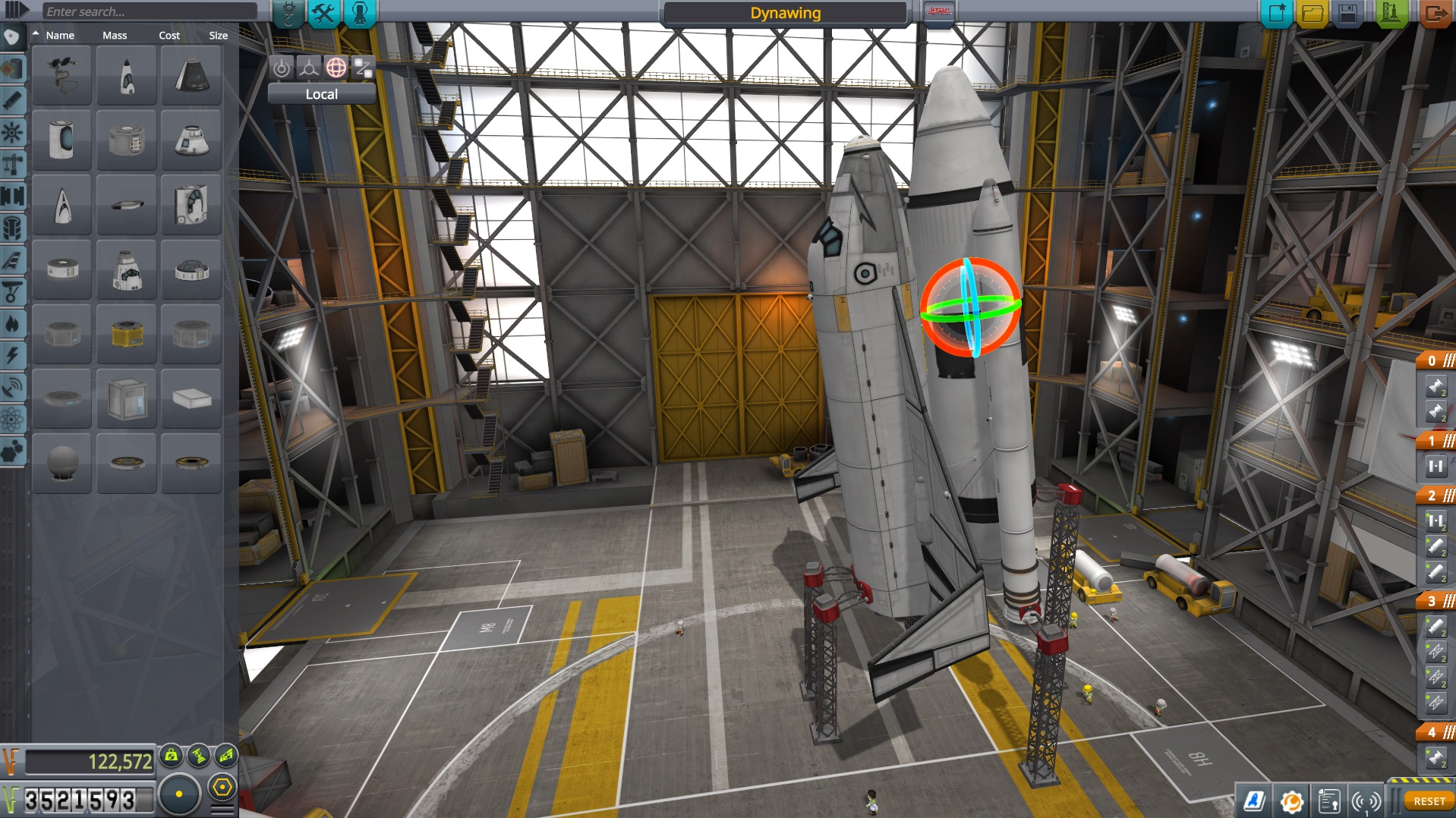 A space rocket is in a hangar, with an interface open on the left, showing customization options for the rocket