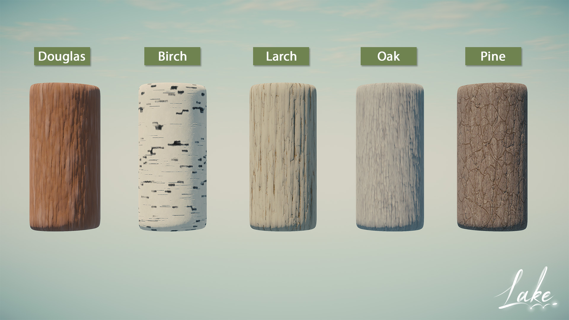 Different bark materials, Douglas, birch, larch, oak and pine are side by side